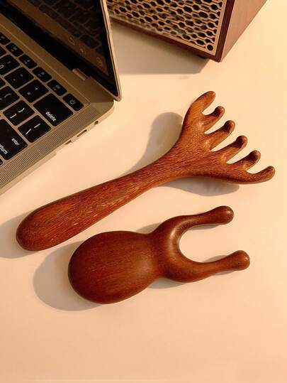 1件/2件装天然檀香面部美容按摩工具，鹿角和青蛙造型，适用于头部、面部、眼睛、鼻子、耳朵按摩