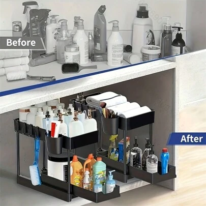 HOUSHELIF 1pc Black Under Sink Organizers And Storage, 2-Tier Sliding Cabinet Basket Organizer With Hooks,Rust-Proof Storage For Narrow Spaces Bathroom &Kitchen&Office.