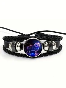 suteyi 1 chiếc vòng tay bện bằng da PU cổ điển đính đá quý, vòng tay thủ công tượng trưng cho 12 cung hoàng đạo. - màu đen - Xem 4