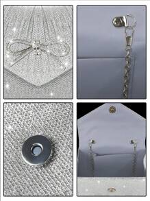 Elegante mini bolso de mujer con lazo brillante, combinado con un exquisito y lujoso set de 4 piezas que incluye pulsera, collar y pendientes con strass, un bolso de solapa plisado de color liso y elegante, adecuado para fiestas, bailes, reuniones, banquetes y bodas. Es el mejor regalo para Año Nuevo. Glamuroso bolso de strass.