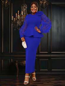 Women's Patchwork 3D Butterfly Mesh Puff Sleeve Commuter Dress - Blue - View 4