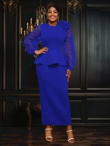 Women's Patchwork 3D Butterfly Mesh Puff Sleeve Commuter Dress - Blue - View 5