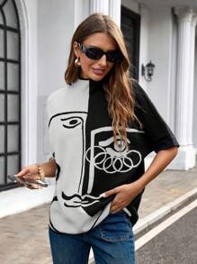 Áo len tay cánh dơi cổ đứng họa tiết khối màu phong cách đường phố nghệ thuật thu/đông dành cho nữ - trắng - Xem 1