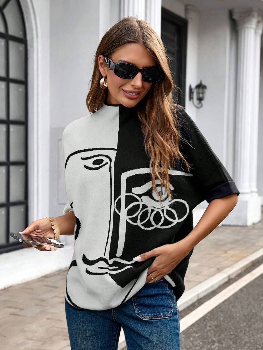 Áo len tay cánh dơi cổ đứng họa tiết khối màu phong cách đường phố nghệ thuật thu/đông dành cho nữ - trắng - Xem 1