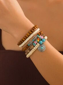 7 件波西米亚风格仿绿松石珠子、椰子壳珠子手链、复古时尚节日派对休闲几何吊坠手链，适合女士 - 7件套 - 查看 4