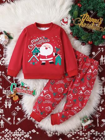 2pcs Young Girl Christmas Outfit, Girls Christmas Print Round Neck Long Sleeve Top And Allover Print Long Pants Set