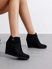 Women's High Wedge Ankle Boots Fashion Bootie With Braided Straps Tassels Warmth And Comfort Short Booties Great For Commuting, Dates, Holidays, And Everyday Wear - 黑色/麂皮 - 查看 3