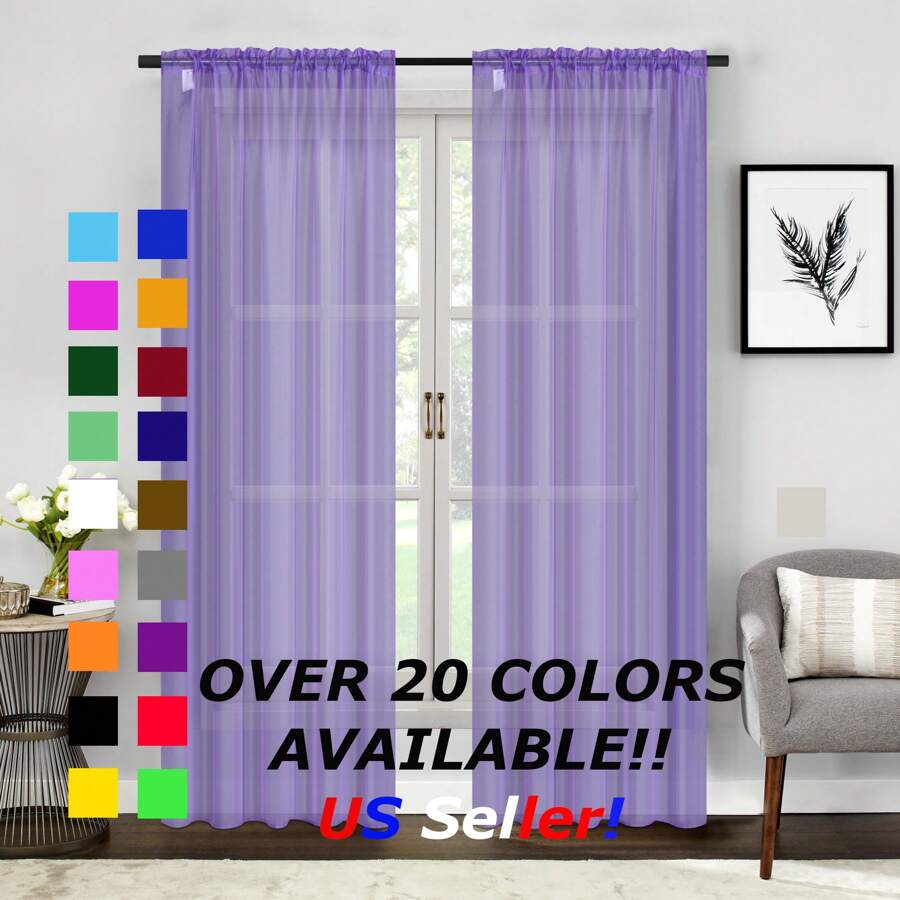 Two (2) Sheer Window Curtains Panels - Drapes Set Multiple Lengths (63", 84", 95", 108", 120" L) Rod Pocket Solid Colors - 紫丁香色 - 查看 1