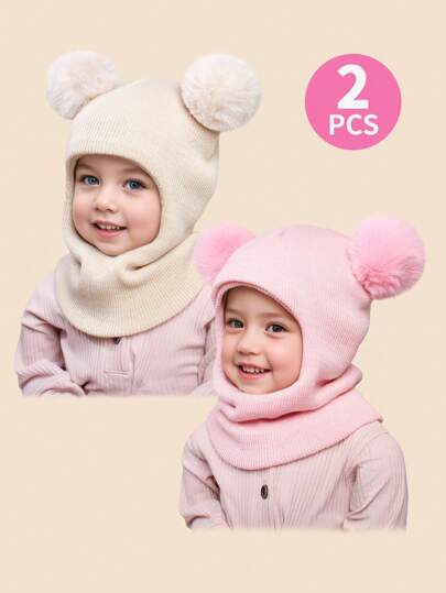 2 件儿童纯色人造毛双绒球针织护耳帽套装，保暖，适合秋冬季日常户外