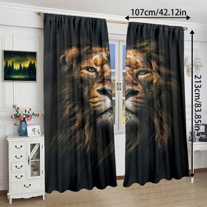 2pcs Lion Printed Curtains, African Wildlife Digital Print Curtains, Jungle King Tree Curtains For Bedroom, Living Room, Office And Home Decor