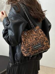韩国时尚豹纹手提包女2024新款百搭单肩包秋冬流行斜挎水桶包 - 黑色 - 查看 4
