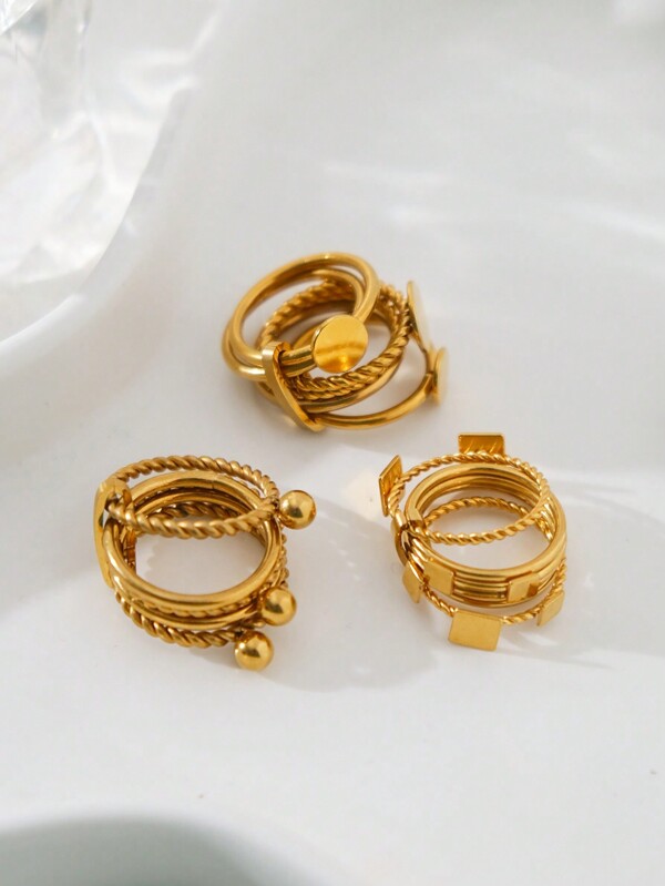 Mazuer 1pc 18K Gold Vintage French Design Romantic Delicate Textured Wave Stainless Steel 6-In-1 Round & Square Ring, Gift For Women, Party, Daily Wear, Mother's Gift