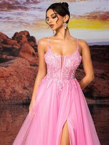 Rosa Tüll Slip Kleid, farbenfroher und schöner Kleid mit unterschiedlichen Farben von Pailletten, lebensecht bestickt und leuchtet im Licht, für Teenager A-Linie bodenlanges Ballkleid, Abendkleid für festliche Anlässe, elegantes halbformelles Abschlussballkleid, für Geburtstag, Hochzeitsgast, Abschlussball - Pink - Übersicht 6