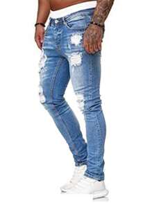 SANOPY Plus Size Men's Blue Slim Fit Jeans Stretch Destroyed Ripped Skinny Jeans Side Striped Denim Pants