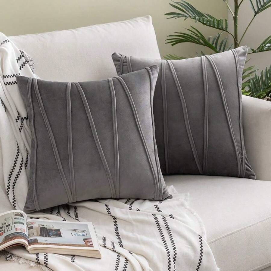 1 vỏ gối vuông trang trí nhung sọc polyester phong cách hiện đại, trang trí phòng ngủ/phòng khách/ghế sofa, không có ruột gối, chúc mừng Ngày của Mẹ, quà tặng cho phụ nữ/mẹ - Màu xám đen - Xem 1