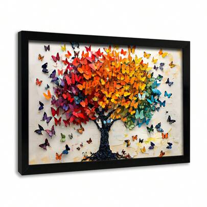1pc Black Wall Art, Colorful Butterfly Tree Canvas Prints Poster, Home Decor,Birthday Party Decor, Mother's Day New Year Easter Gift, Home Living Room Office Wooden Framed Wall Decor, Perfect Gift And Home Decoration, Canvas Wall Art,Posters For Room,Home Decor,Room Decor Aesthetic,Room Decoration Stuff.Room Decor, Optional Frame
