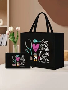 一套护士主题手提包和化妆包，休闲风格，布料材质，固定肩带，印有听诊器、心形、注射器、体温计图案，“她喜欢动手工作” - 黑色 - 查看 3