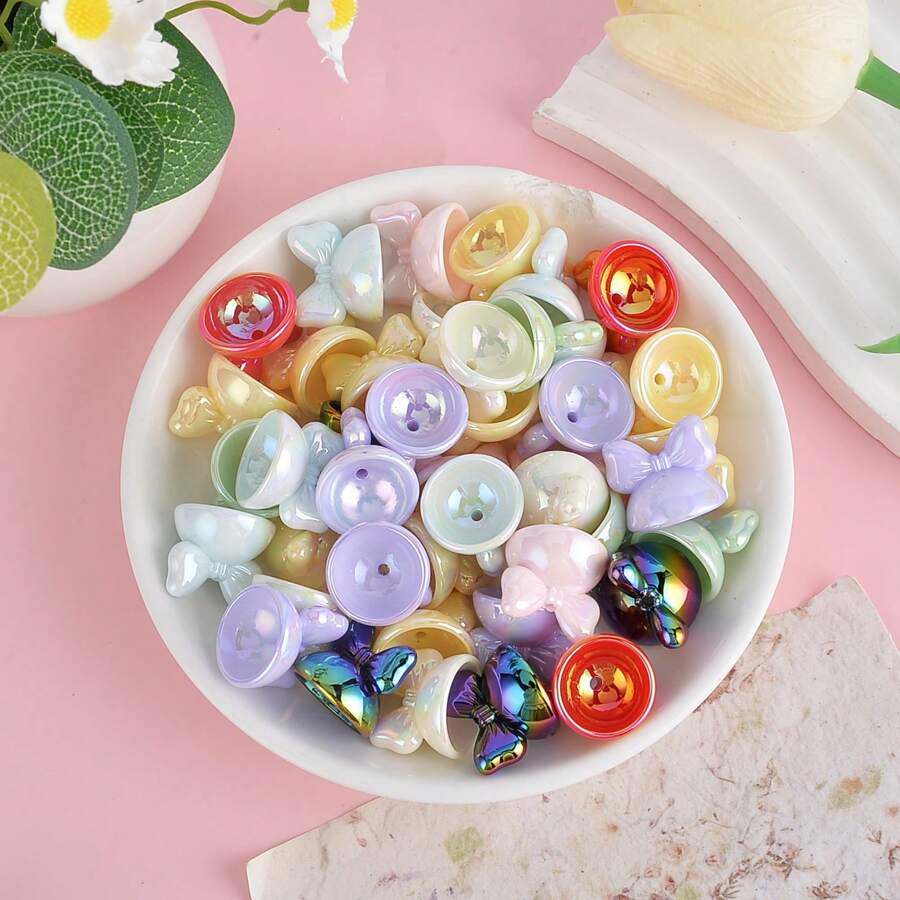 10 件装可爱串珠甜美酷炫亚克力 UV 蝴蝶结竖孔珠帽 DIY 创意手机链钥匙扣首饰 - 蝴蝶結 - 查看 1