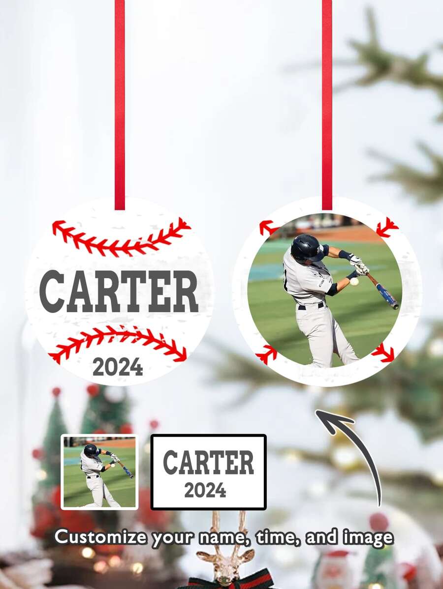 Adorno de madera personalizado de jugador de camiseta ball para Navidad, adorno de jugador de béisbol, adorno deportivo con nombre/foto/fecha, regalo para equipo de béisbol, estrella, regalo de Navidad