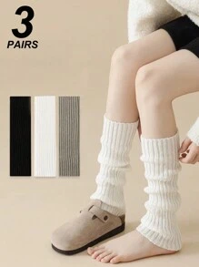 3 đôi tất chân cao đến đầu gối dệt kim màu trơn, tất chân ấm áp cho phụ nữ, thích hợp cho mùa thu/đông - Nhiều màu - Xem 1