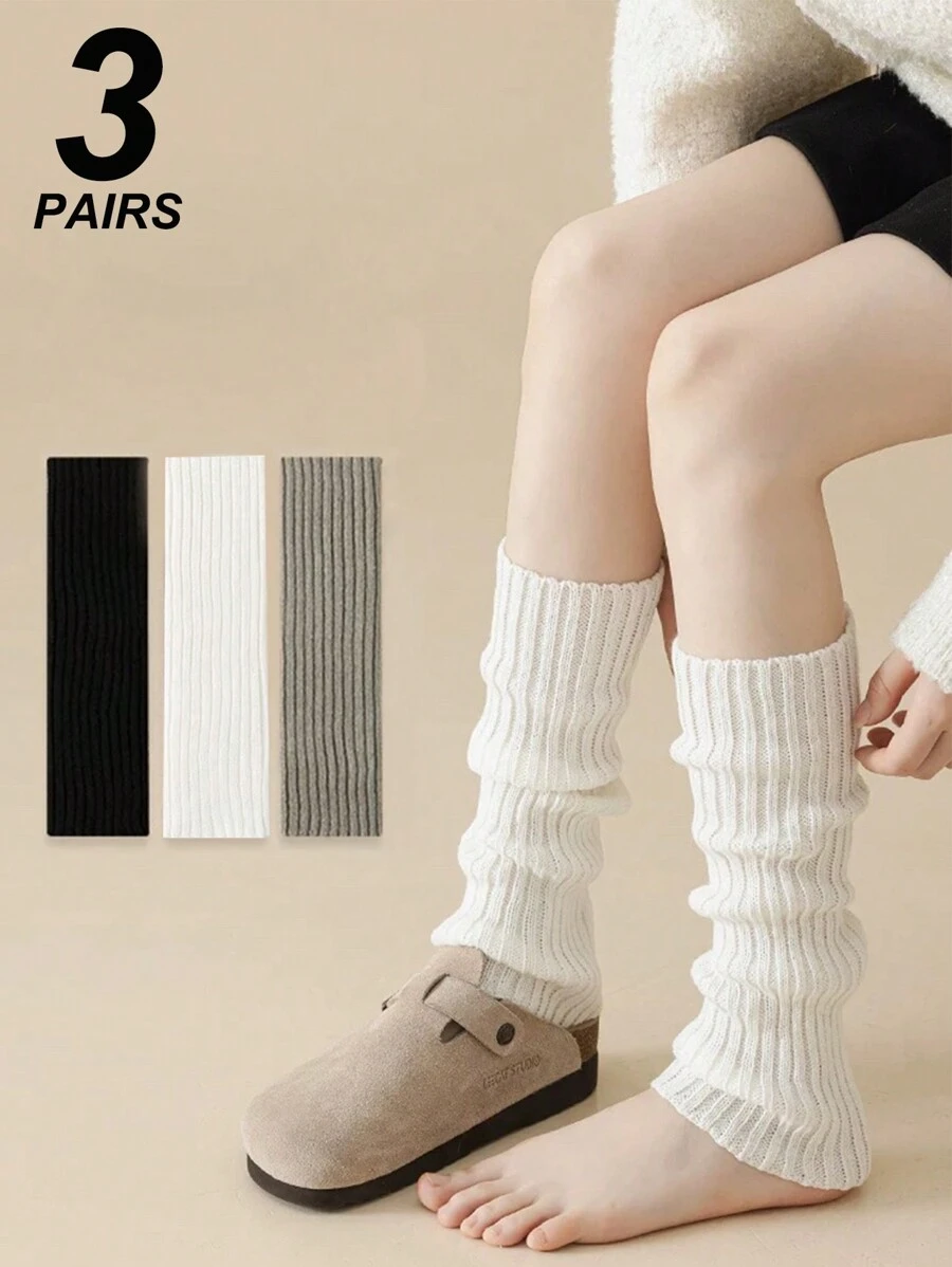 3 đôi tất chân cao đến đầu gối dệt kim màu trơn, tất chân ấm áp cho phụ nữ, thích hợp cho mùa thu/đông - Nhiều màu - Xem 1