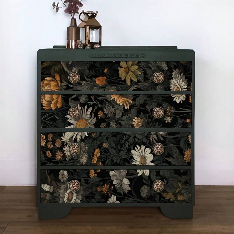 1卷波西米亚花卉黑金色复古接触纸，自粘式剥离粘贴壁纸，可拆卸防水墙壁和卧室瓷砖装饰，家装建筑材料，翻新贴纸剥离墙板，墙纸，壁纸，春季装饰物品让您的家焕然一新，拉玛装饰贴纸