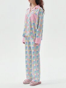 Women 2 Piece Set Colorful Plaid Print Long Sleeves Shirt And Elastic Pants For
