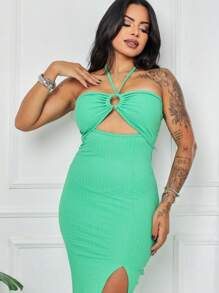 Women's Ribbed Fitted Tube Midi Dress With Halter Slit - 薄荷綠 - 查看 3