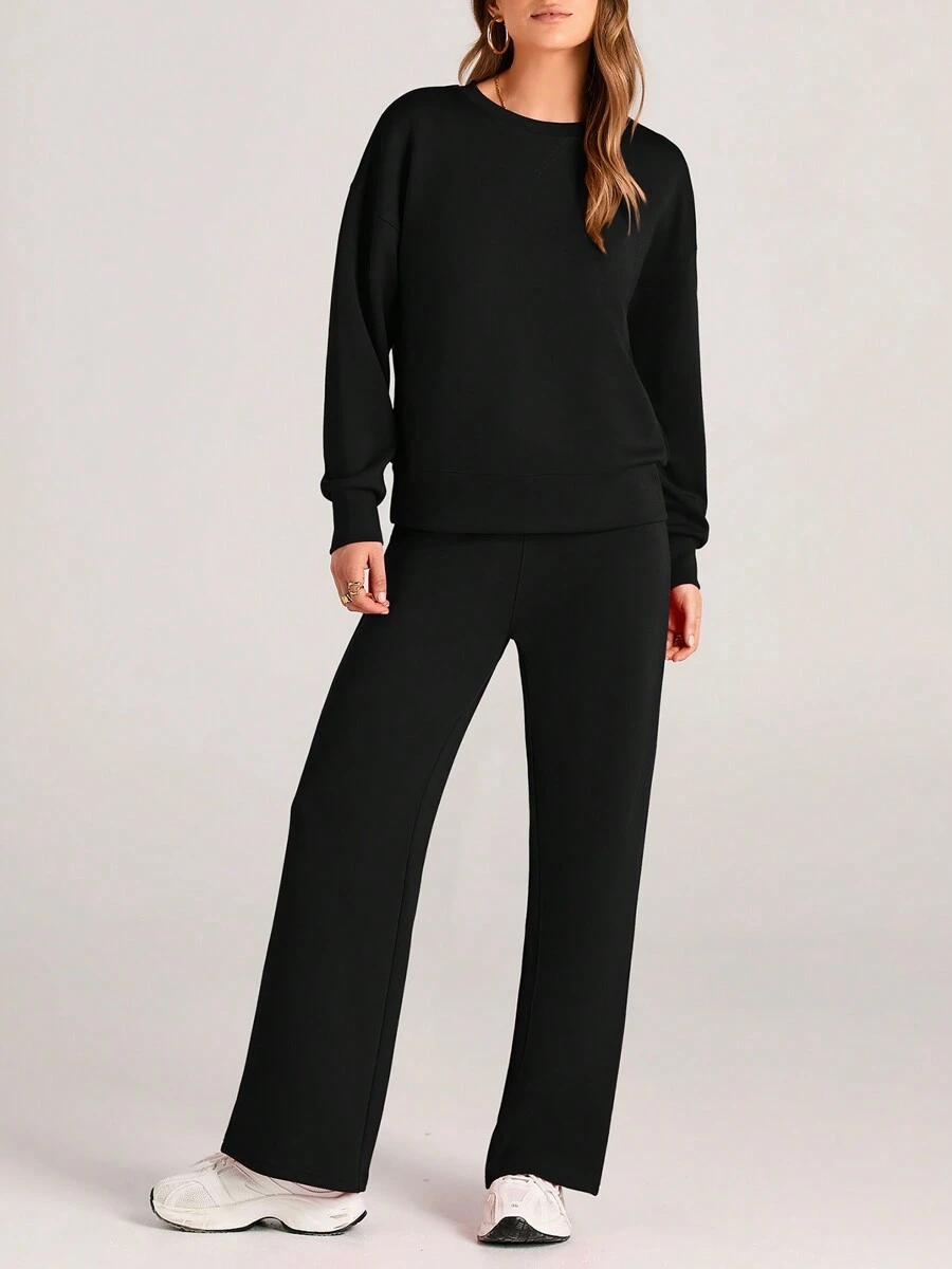 Women's Two Piece Outfits Fall Long Sleeve Pullover Tops And Long Pants Lounge Sets Tracksuit - 黑色 - 查看 1