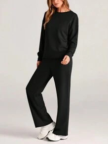 Women's Two Piece Outfits Fall Long Sleeve Pullover Tops And Long Pants Lounge Sets Tracksuit - 黑色 - 查看 5