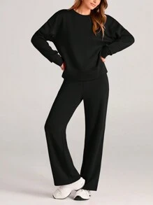 Women's Two Piece Outfits Fall Long Sleeve Pullover Tops And Long Pants Lounge Sets Tracksuit - 黑色 - 查看 2