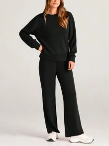 Women's Two Piece Outfits Fall Long Sleeve Pullover Tops And Long Pants Lounge Sets Tracksuit - 黑色 - 查看 3