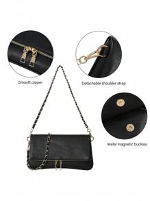 荔枝纹腋下简约链条女小包PU时尚小面包春秋单肩斜跨包斜挎包新颖零钱包情人节婚礼派对节日 - 黑色 - 查看 7