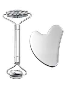 Zestaw 1/2 szt./zestaw ze stali nierdzewnej, wałek do masażu twarzy i gua sha - metalowy wałek do masażu twarzy, metalowa gua sha, narzędzia do masażu twarzy redukujące obrzęki, drenaż limfatyczny, napięcie twarzy, masażery do pielęgnacji skóry, uroda, produkty do pielęgnacji skóry, spa, pielęgnacja ciała, narzędzia do pielęgnacji skóry, pielęgnacja twarzy, akcesoria kosmetyczne, masaż, narzędzie do masażu twarzy, wałek do masażu twarzy