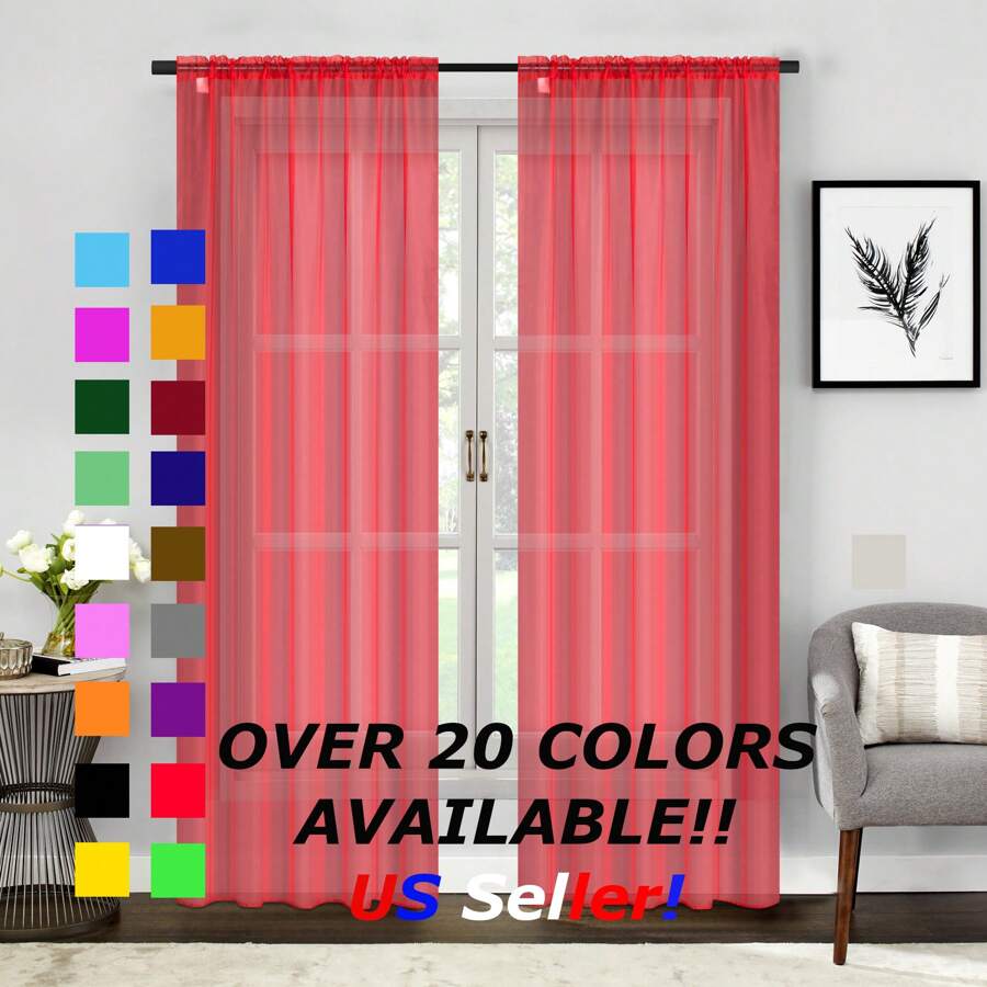 Two (2) Sheer Window Curtains Panels - Drapes Set Multiple Lengths (63", 84", 95", 108", 120" L) Rod Pocket Solid Colors - 紅色 - 查看 1