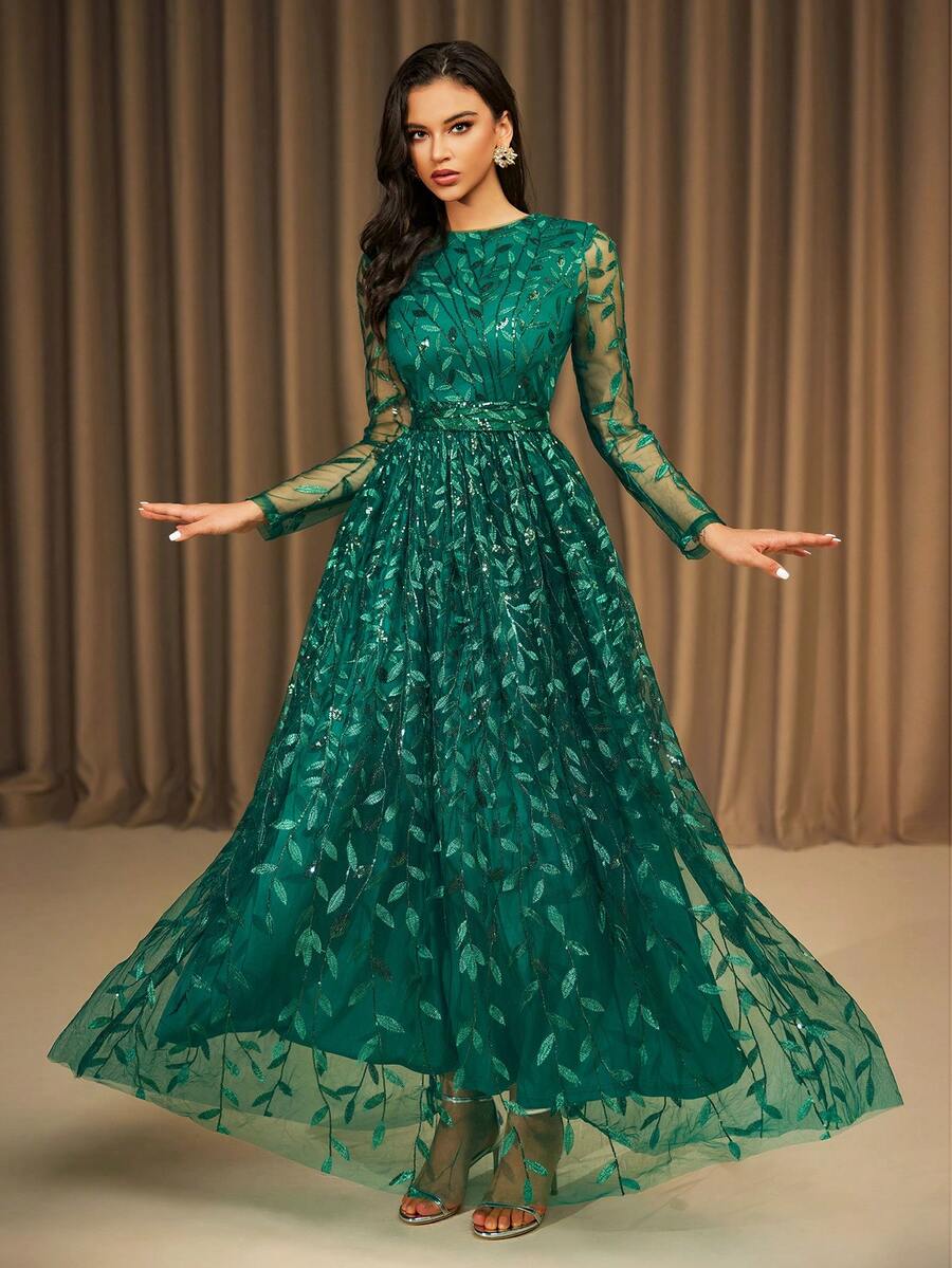 Robe de soirée formelle avec paillettes à la taille, manches longues, verte. Robe de soirée élégante pour invité de mariage, remise des diplômes, dîner, fête - Vert - Voir 1