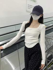 Women Square Neck Pullover T-Shirt, Wrinkle Design Fitted Short Crop Top