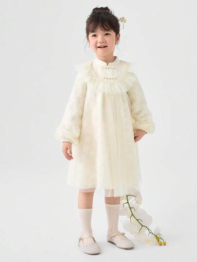 Balabala 2024 Autumn New Chinese Style Girls A-Line Sheer Dress