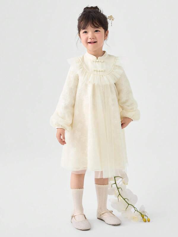 Balabala 2024秋季新款中国风女童A字薄纱连衣裙