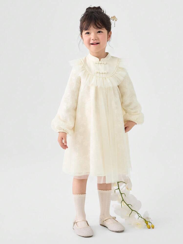 Balabala 2024秋季新款中国风女童A字薄纱连衣裙 - 白色 - 查看 4