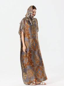 1 件彩色女士真丝长款防晒围巾带头巾，宽松花卉印花披肩适合户外和日常穿着 - 灰黃 - 查看 3