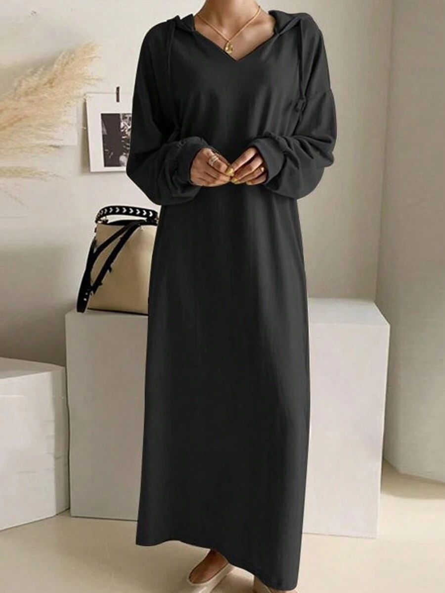 Long Hooded Drawstring Knit Sweatshirt Dress With Pockets, Fitted Waist Knitted Pullover Cardigan, 180g Knit Fabric