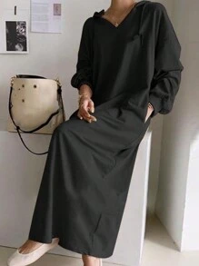 Long Hooded Drawstring Knit Sweatshirt Dress With Pockets, Fitted Waist Knitted Pullover Cardigan, 180g Knit Fabric