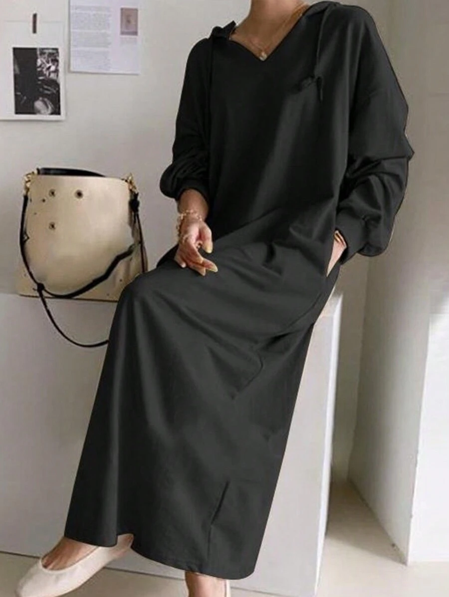 Long Hooded Drawstring Knit Sweatshirt Dress With Pockets, Fitted Waist Knitted Pullover Cardigan, 180g Knit Fabric