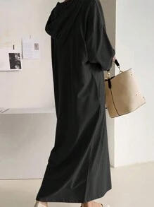 Lange gebreide sweatshirtjurk met capuchon en trekkoord, zakken, getailleerde gebreide trui met cardigan, 180 g gebreide stof