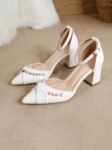 Elegantes tacones gruesos de punta puntiaguda en color blanco para mujer, sandalias de moda y versátiles para el Día de San Valentín