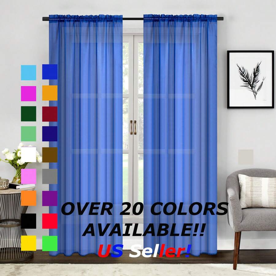 Two (2) Sheer Window Curtains Panels - Drapes Set Multiple Lengths (63", 84", 95", 108", 120" L) Rod Pocket Solid Colors - 寶藍色 - 查看 1