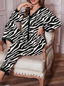 Pijama con estampado de leopardo y cebra para mujer, pantalones de manga larga, conjunto de ropa de hogar de primavera y otoño - Blanco y Negro - Ver 5