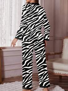 Pijama con estampado de leopardo y cebra para mujer, pantalones de manga larga, conjunto de ropa de hogar de primavera y otoño - Blanco y Negro - Ver 2