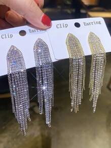 2pcs Full Diamond Crystal Non-Pierced Earrings For Women, Stylish Luxurious Claw Chain Tassel Ear Clips For Wedding, Party - Clip - View 1